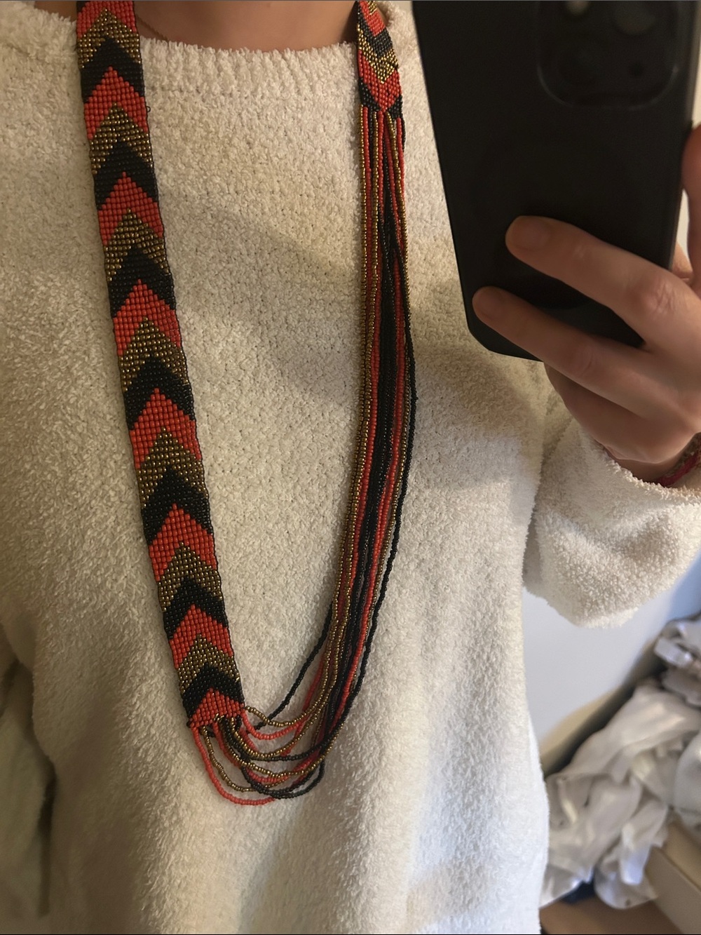 Handmade Beaded Chevron Multistrand Necklace - Black & Red